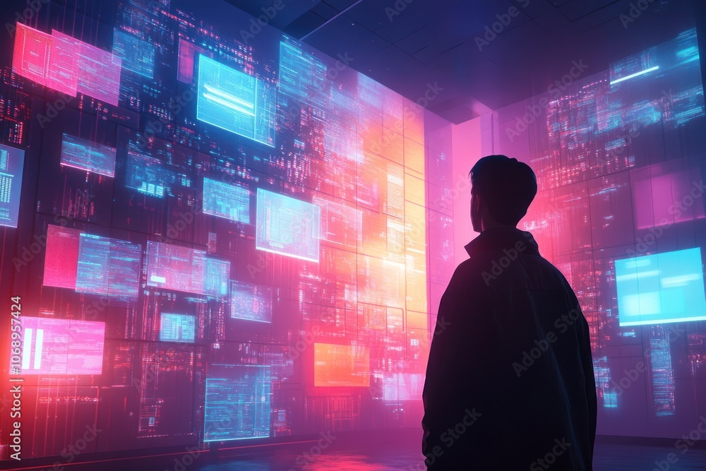 A person stands before a wall of glowing computer screens, each displaying data and code, symbolizing the vastness and complexity of digital information. A person stands before a wall of glowing computer screens, each displaying data and code, symbolizing the vastness and complexity of digital information.