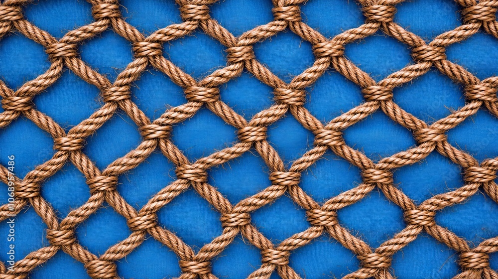 Fototapeta premium Nautical Rope Net Pattern on Blue Background Texture Design Nautical Marine Boat Fishing Net