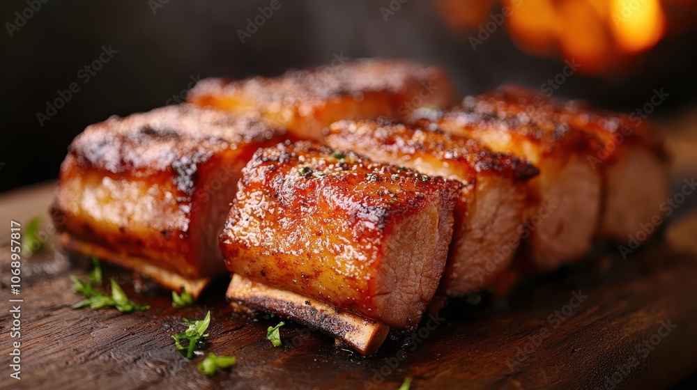 Perfectly aligned grilled pork ribs on a dark wooden surface, seasoned lightly with herbs and spices, offering an inviting presentation and rich aroma. Perfectly aligned grilled pork ribs on a dark wooden surface, seasoned lightly with herbs and spices, offering an inviting presentation and rich aroma.