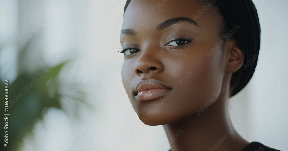 A beautiful black woman with clean and healthy skin looks straight ahead and shows the perfect facial structure. A beautiful black woman with clean and healthy skin looks straight ahead and shows the perfect facial structure.