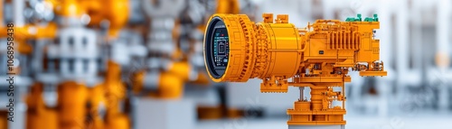 A close-up of a high-tech industrial machine with an orange exterior, highlighting engineering precision against a blurred factory background.