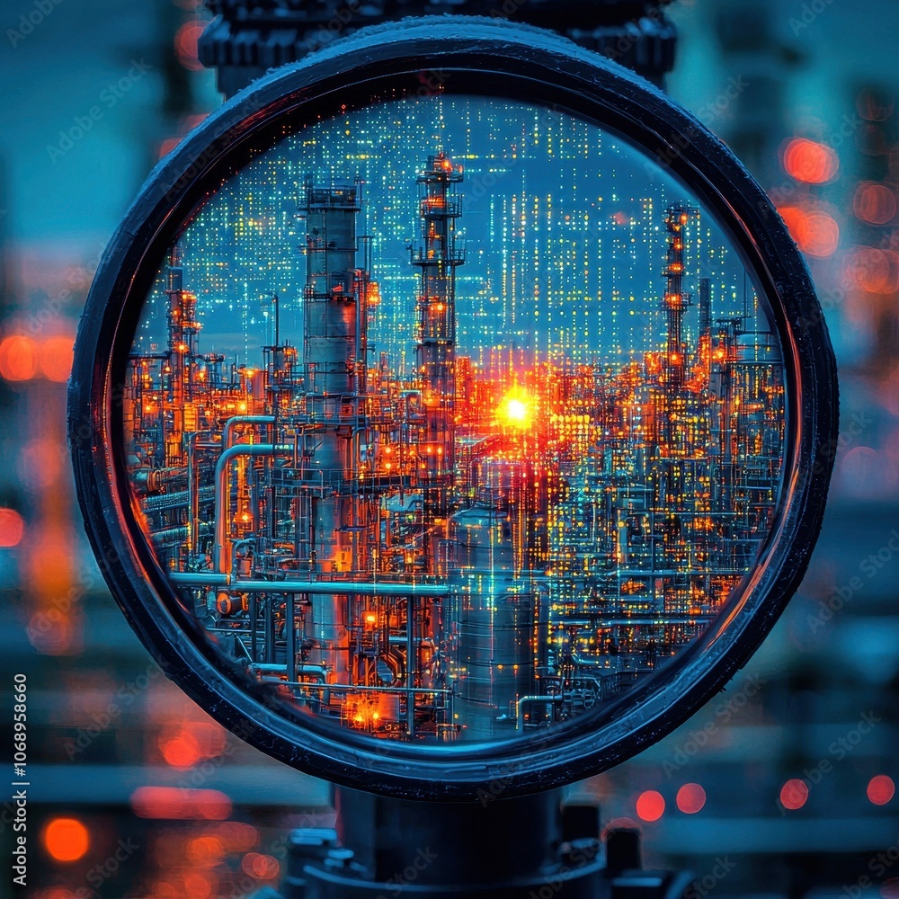 A futuristic view of an industrial landscape, showcasing glowing structures and intricate details within a circular lens, illuminated by an orange sunset. A futuristic view of an industrial landscape, showcasing glowing structures and intricate details within a circular lens, illuminated by an orange sunset.
