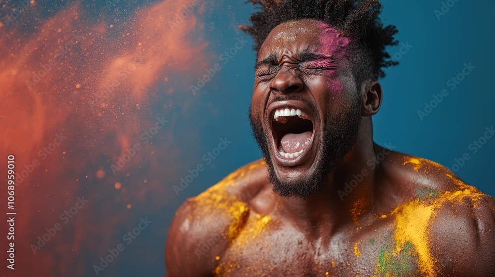 A breathtaking image of a man engaged in an expressive motion, covered in colorful powders, illustrating a blend of vibrant energy, intensity, and freedom. A breathtaking image of a man engaged in an expressive motion, covered in colorful powders, illustrating a blend of vibrant energy, intensity, and freedom.