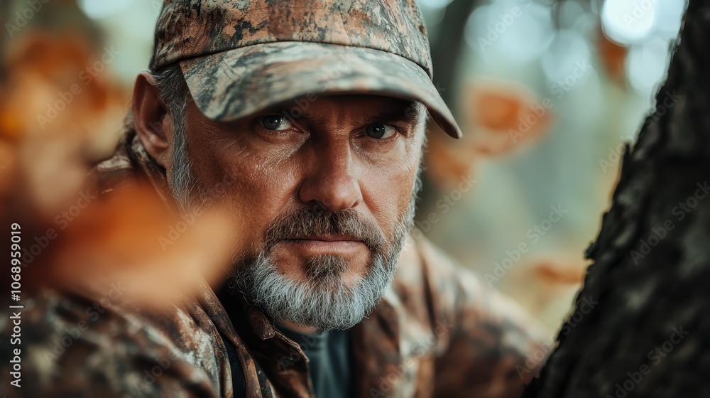 A watchful man in full camouflage stands amidst the foliage. His expression suggests readiness and attentiveness, merging seamlessly with the environment. A watchful man in full camouflage stands amidst the foliage. His expression suggests readiness and attentiveness, merging seamlessly with the environment.