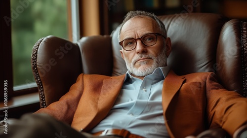 An older man in a tailored jacket reclines comfortably in an elegant leather chair, exuding an air of sophistication, wisdom, and relaxed authority indoors. photo