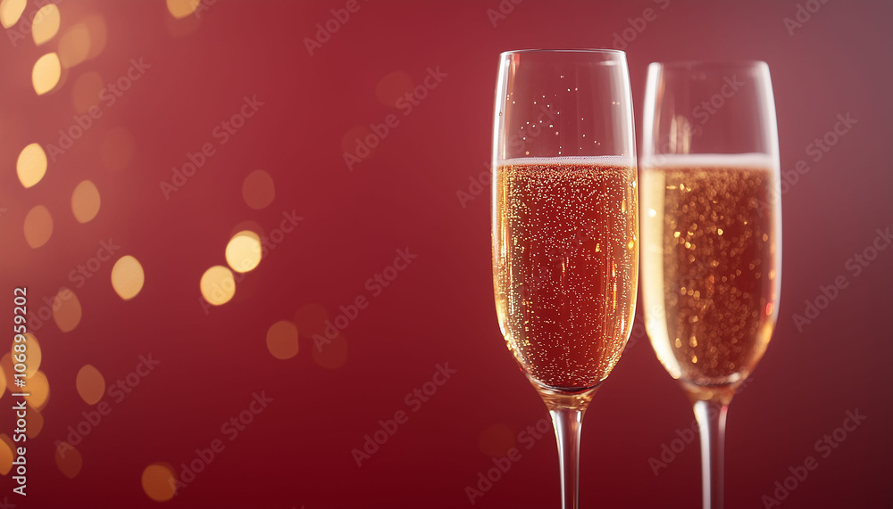 Christmas and New Year holidays background concept made from champagne glasses with golden glitter on red background. Christmas and New Year holidays background concept made from champagne glasses with golden glitter on red background.
