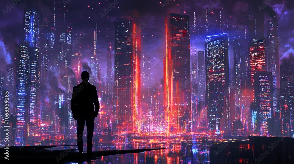 A lone man in a suit stands against the backdrop of a futuristic cityscape, gazing at the towering skyscrapers illuminated with glowing lights and a fiery sky above. A lone man in a suit stands against the backdrop of a futuristic cityscape, gazing at the towering skyscrapers illuminated with glowing lights and a fiery sky above.