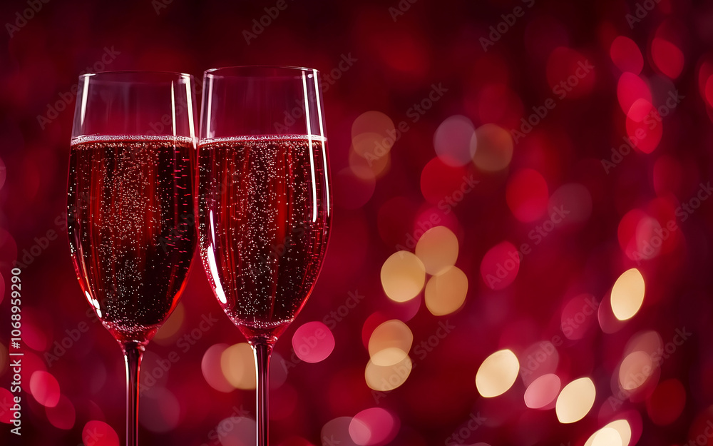 Christmas and New Year holidays background concept made from champagne glasses with golden glitter on red background. Christmas and New Year holidays background concept made from champagne glasses with golden glitter on red background.