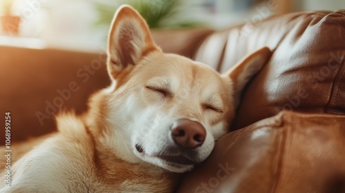 A golden-furred dog rests comfortably on a soft brown couch, eyes closed in a deep, restful sleep, embodying warmth, comfort, and the essence of contentment. photo