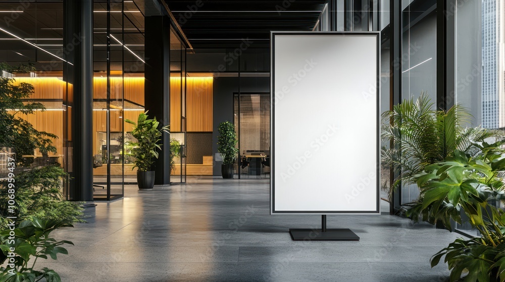 A modern indoor space featuring a blank display stand surrounded by plants. A modern indoor space featuring a blank display stand surrounded by plants.