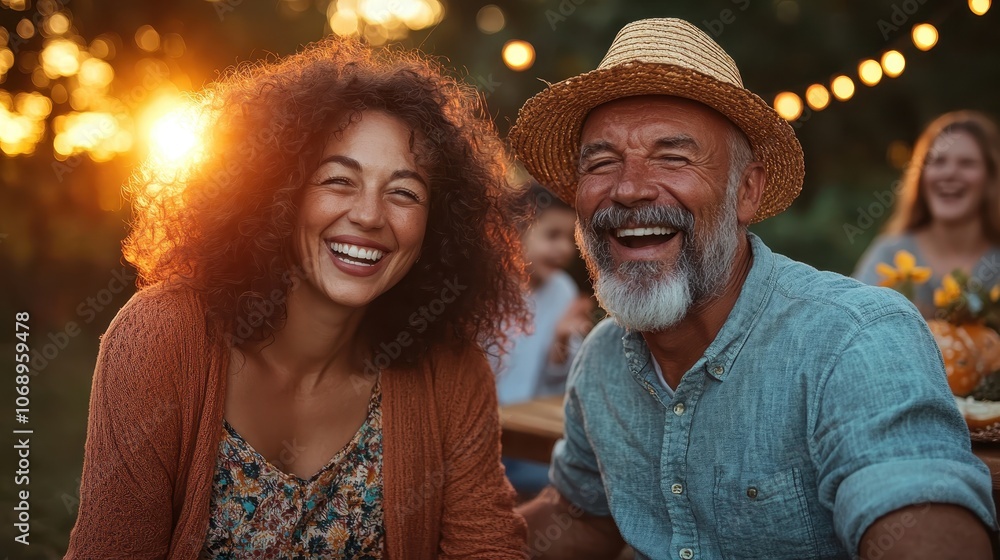 A cheerful couple, sharing laughter and joy, enjoys an outdoor sunset picnic, representing the intimate bond and connection celebrated in moments of happiness. A cheerful couple, sharing laughter and joy, enjoys an outdoor sunset picnic, representing the intimate bond and connection celebrated in moments of happiness.