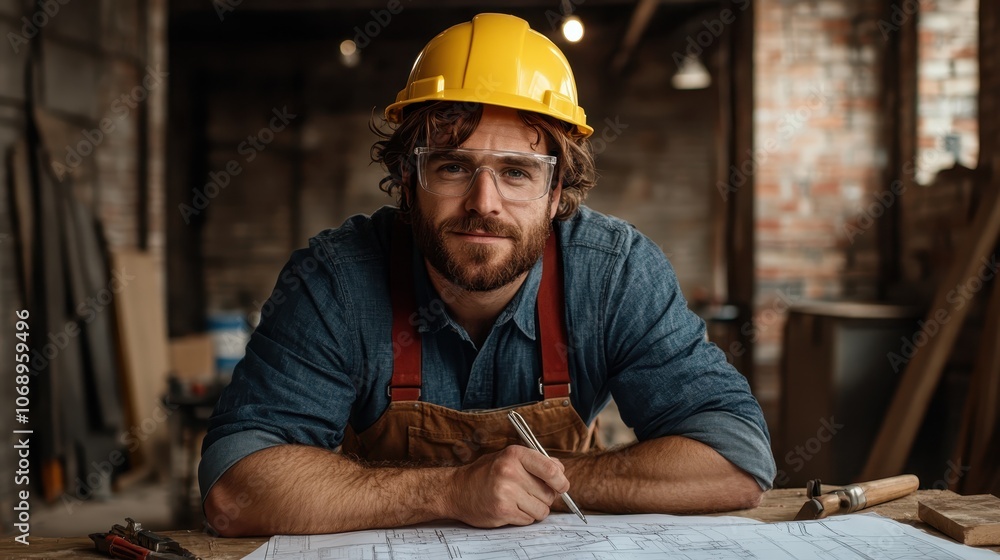 A young man in a yellow helmet studies architectural plans in a workshop, symbolizing focus and innovation, amidst a backdrop of tools and industrial decor. A young man in a yellow helmet studies architectural plans in a workshop, symbolizing focus and innovation, amidst a backdrop of tools and industrial decor.