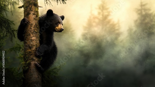 A bear cub cautiously climbs a tree within a dense, serene forest, illuminated by golden light, capturing the essence of nature and survival in the wild. photo