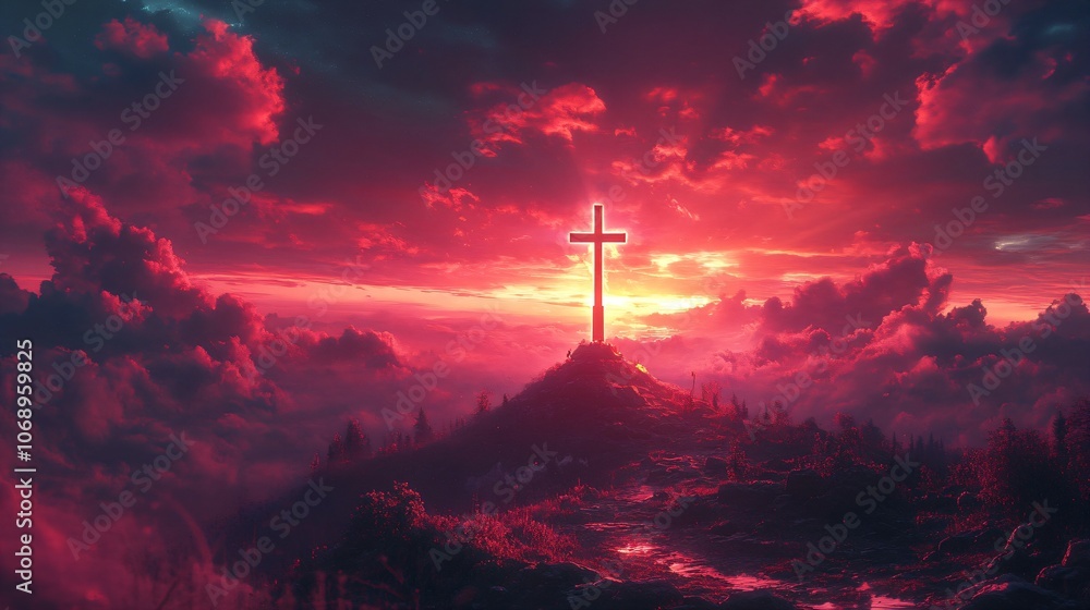 divine glowing cross on hill during sunset warm glow in sky spiritual scene Christianity religion Jesus Christ Christmas