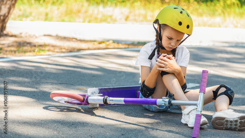Fotografie Child little girl fell off her scooter at summer park