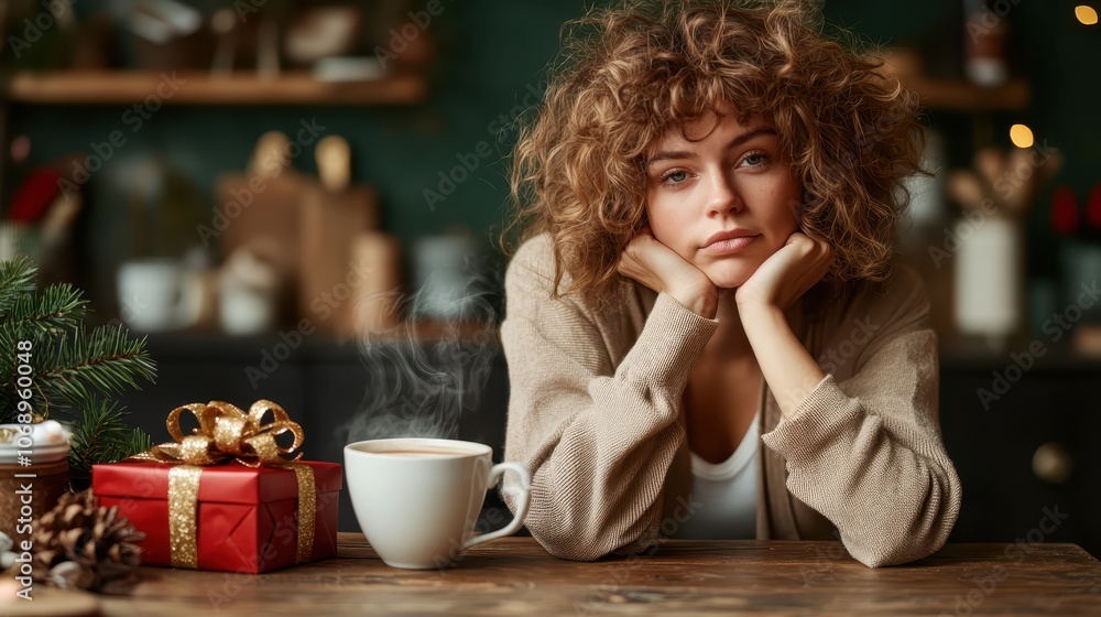 A pensive woman rests her chin on her hands, surrounded by gifts and a steaming coffee cup. Her curly hair highlights a thoughtful ambiance and warmth in the scene. A pensive woman rests her chin on her hands, surrounded by gifts and a steaming coffee cup. Her curly hair highlights a thoughtful ambiance and warmth in the scene.