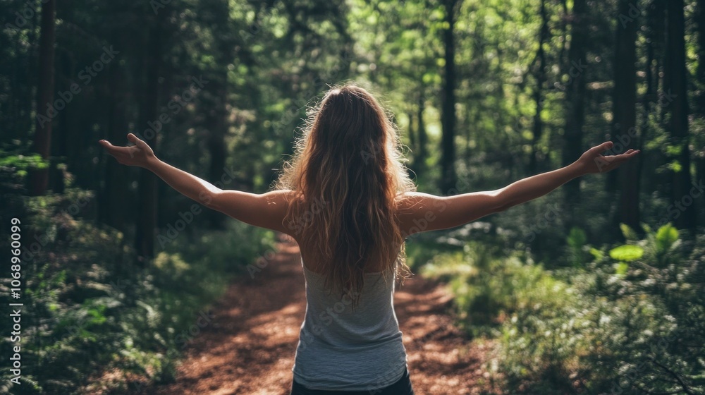 A person standing in a forest with arms outstretched, embracing nature and tranquility. A person standing in a forest with arms outstretched, embracing nature and tranquility.