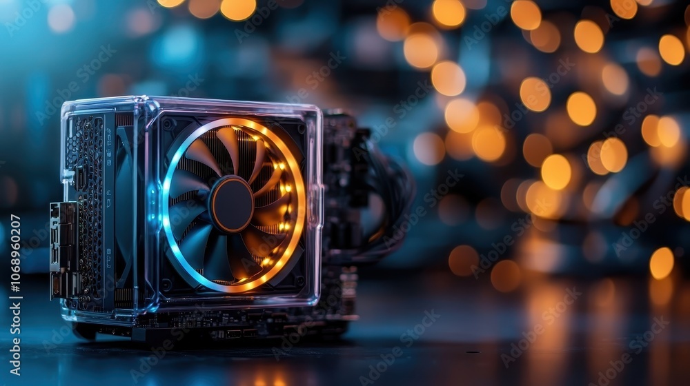 A close-up of a computer component featuring a cooling fan adorned with LED lights gracefully illuminated, complemented by an intriguing bokeh effect. A close-up of a computer component featuring a cooling fan adorned with LED lights gracefully illuminated, complemented by an intriguing bokeh effect.