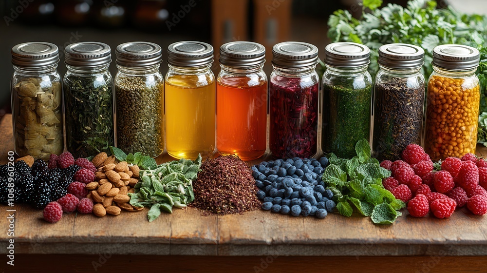 Colorful Display of Herbs and Spices in Glass Jars Colorful Display of Herbs and Spices in Glass Jars