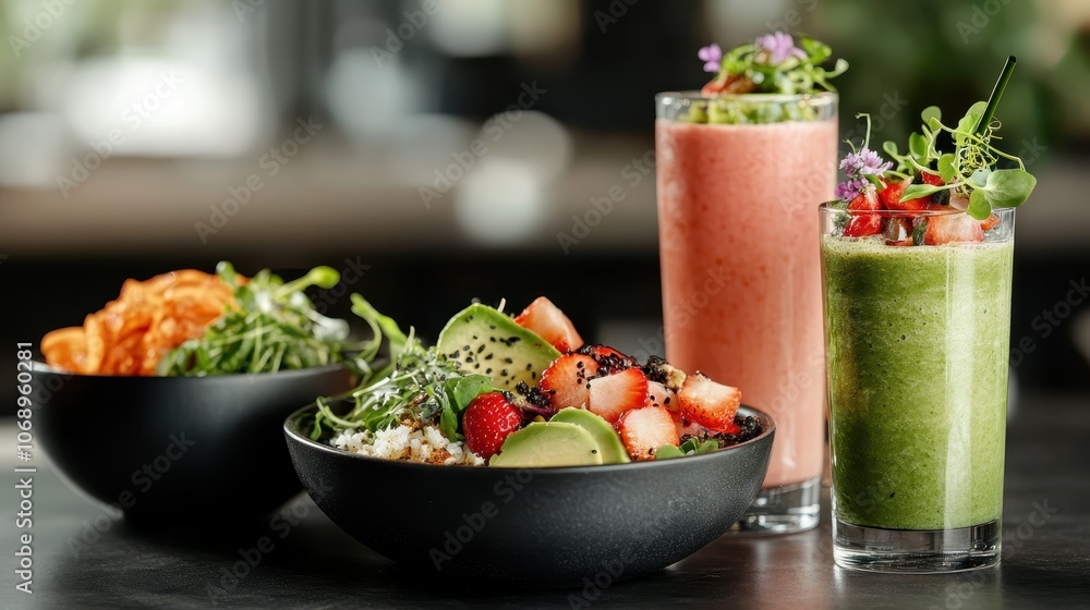 This image depicts a vibrant veggie bowl filled with fresh ingredients such as avocado and berries, alongside smoothies, promoting a healthy and delightful lifestyle. This image depicts a vibrant veggie bowl filled with fresh ingredients such as avocado and berries, alongside smoothies, promoting a healthy and delightful lifestyle.