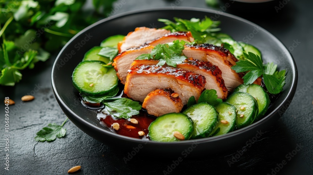A flavorful chicken and cucumber salad garnished with fresh herbs and sauce, creating a satisfying and refreshing dish perfect for both health and taste enthusiasts. A flavorful chicken and cucumber salad garnished with fresh herbs and sauce, creating a satisfying and refreshing dish perfect for both health and taste enthusiasts.