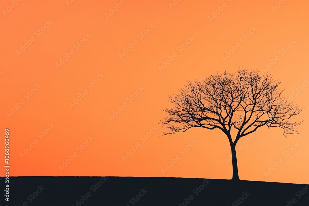 Silhouette of a solitary tree against a vibrant orange sunset. Silhouette of a solitary tree against a vibrant orange sunset.