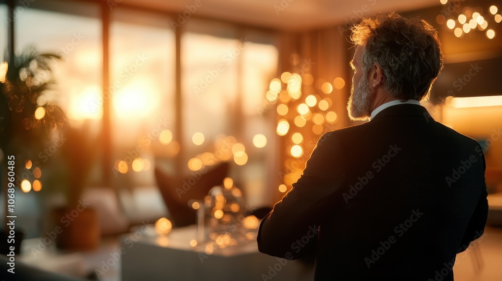 A contemplative businessman gazes at a glowing sunset through expansive office windows, reflecting on past achievements and future aspirations. A contemplative businessman gazes at a glowing sunset through expansive office windows, reflecting on past achievements and future aspirations.