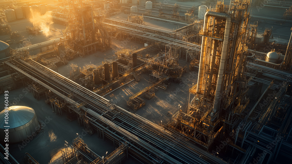 Sunset Illuminates the Intricate Network of Pipelines and Processing Units in a Modern Refinery Complex Sunset Illuminates the Intricate Network of Pipelines and Processing Units in a Modern Refinery Complex
