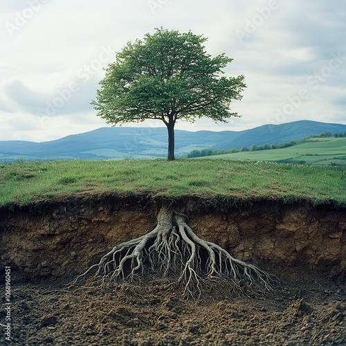 Tree with Exposed Roots on Hilltop Landscape