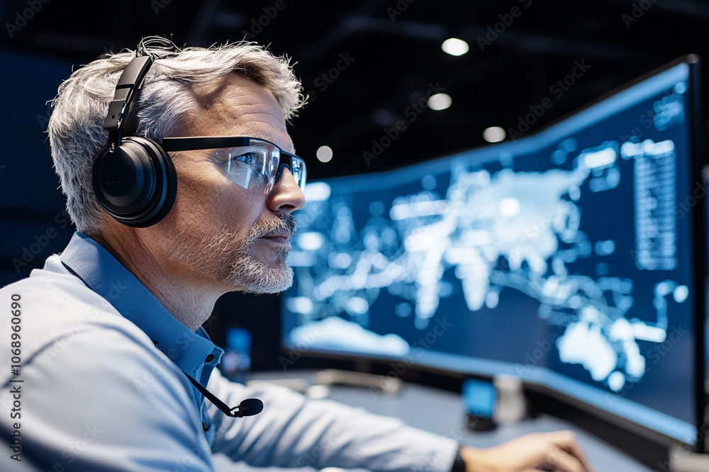 A control room filled with engineers monitoring the smooth flow of data, internet infrastructure. A control room filled with engineers monitoring the smooth flow of data, internet infrastructure.