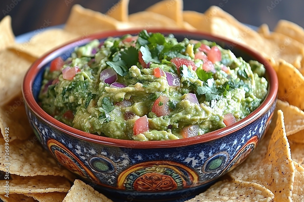 a bowl of homemade guacamole surrounded by tortilla chips. a bowl of homemade guacamole surrounded by tortilla chips.
