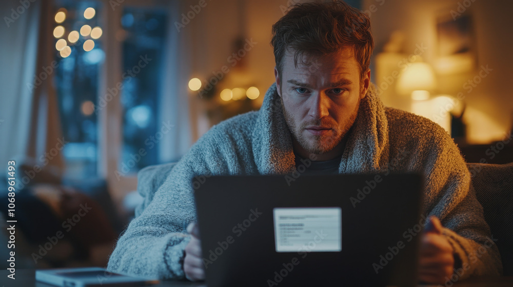 A young man in a robe sits in front of a laptop in the evening, looking focused. A young man in a robe sits in front of a laptop in the evening, looking focused.