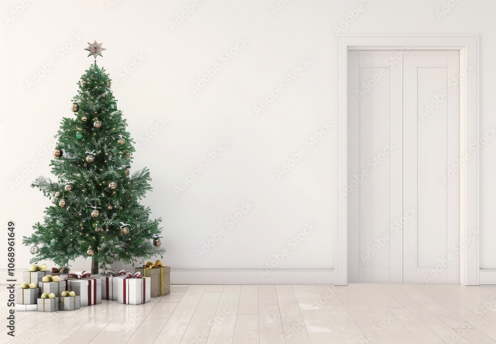 A beautifully decorated Christmas tree with red ornaments and presents under it in a minimalist room with white walls and wooden floors A beautifully decorated Christmas tree with red ornaments and presents under it in a minimalist room with white walls and wooden floors