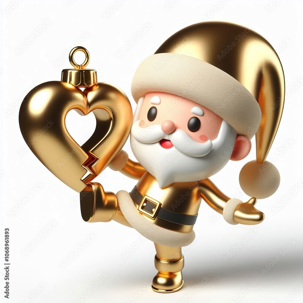metallic gold christmas santa claus holding a heart pose, on white background metallic gold christmas santa claus holding a heart pose, on white background