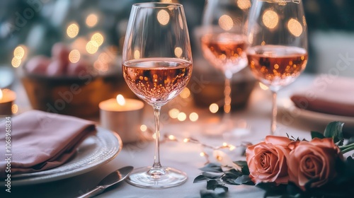 Romantic dinner setting with wine glasses, candles, and roses, creating a cozy atmosphere.