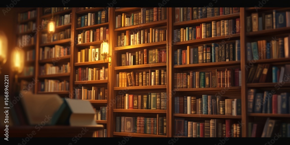 Wood-paneled library with dim lighting and tall bookshelves, creating a classic, cozy reading atmosphere Wood-paneled library with dim lighting and tall bookshelves, creating a classic, cozy reading atmosphere