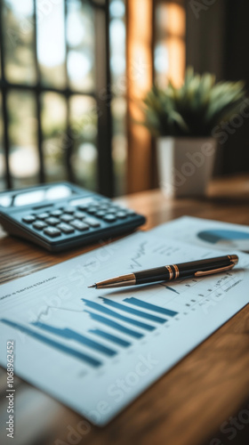 A pen rests on a financial report with a calculator out of focus in the background.