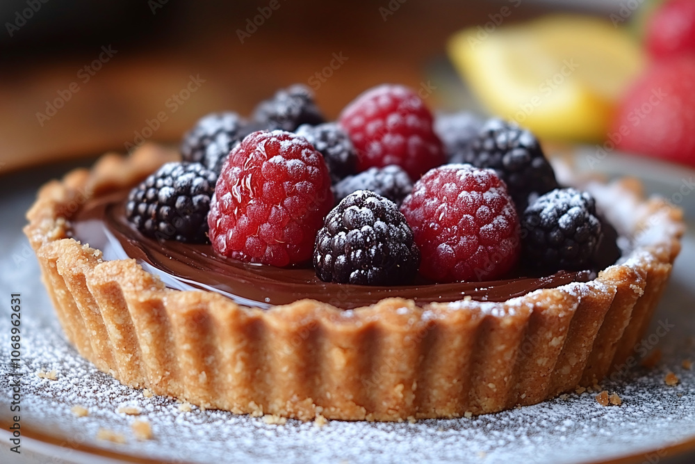 a vegan chocolate tart with a fruit garnish. a vegan chocolate tart with a fruit garnish.