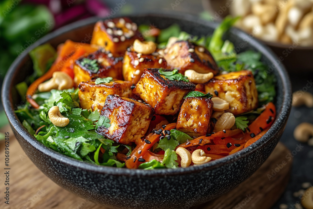 a vegetable stir fry on a wok with tofu and cashews. a vegetable stir fry on a wok with tofu and cashews.