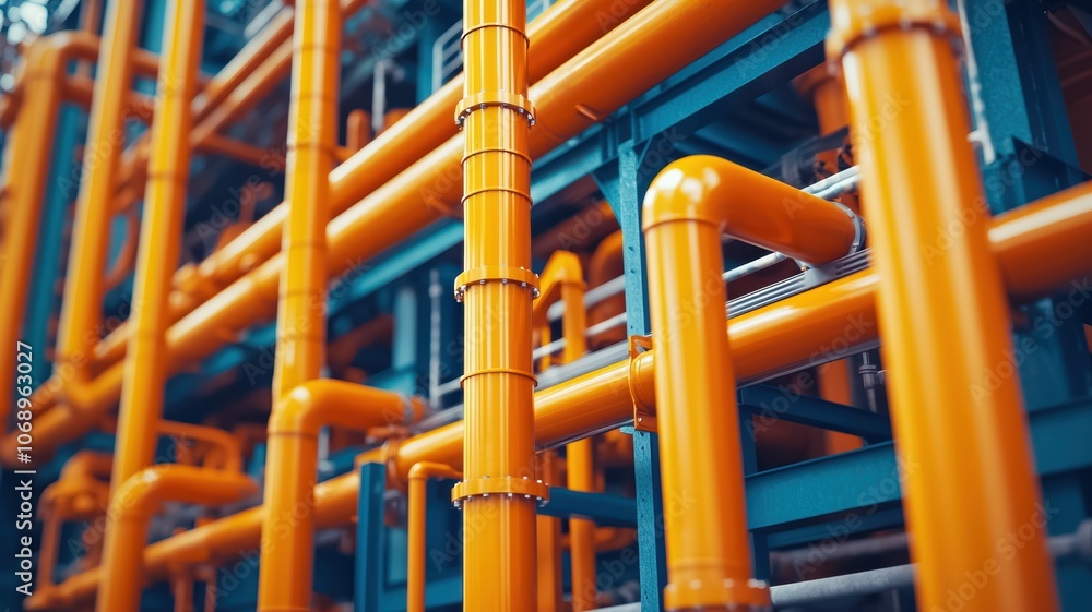 A close-up of vibrant orange pipelines against a blue framework, industrial design and engineering. A close-up of vibrant orange pipelines against a blue framework, industrial design and engineering.