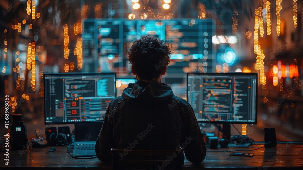 Focused Developer Working in High-Tech Environment Focused Developer Working in High-Tech Environment