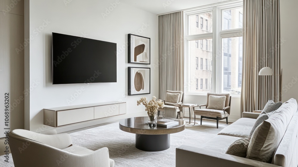 Modern living room with minimalist decor and large windows. Modern living room with minimalist decor and large windows.