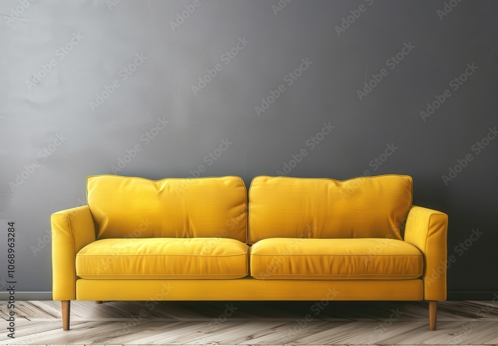 A bright yellow sofa in a minimalist living room with a gray wall and wooden floor A bright yellow sofa in a minimalist living room with a gray wall and wooden floor