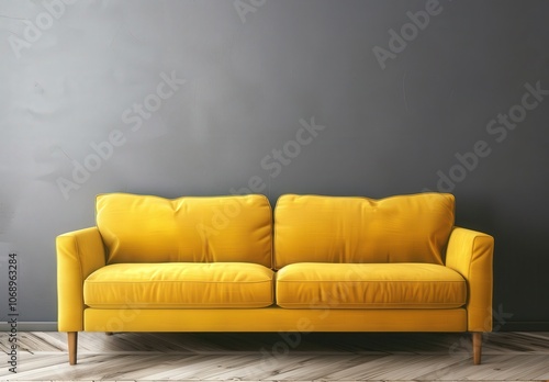 A bright yellow sofa in a minimalist living room with a gray wall and wooden floor