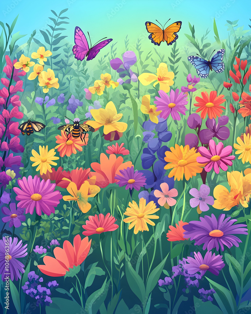 Obraz premium A vibrant field of wildflowers with butterflies and a bee.