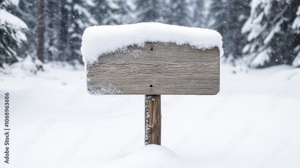Naklejka premium Empty wooden sign covered in snow, surrounded by winter forest, snowfall in the background