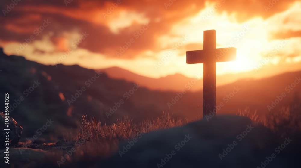 A serene sunset scene featuring a cross, set against mountains, symbolizing peace and reflection. A serene sunset scene featuring a cross, set against mountains, symbolizing peace and reflection.