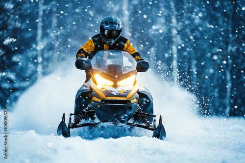 Snowmobile rider speeding through a snowy forest on a frosty winter day