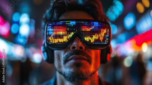 A young man wearing futuristic VR glasses, looking at a screen displaying data in a city at night.