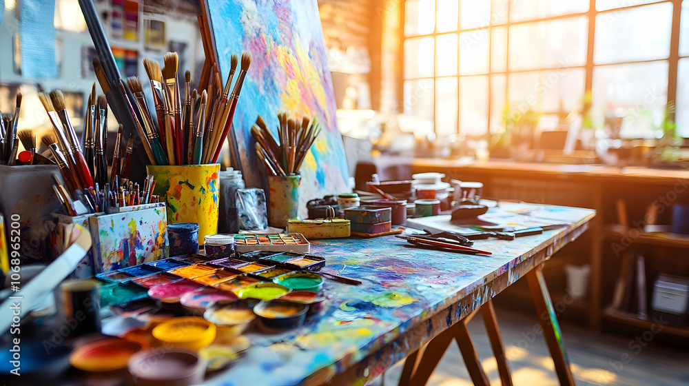 Artist's workspace with paints, brushes, and canvas in a studio with a large window. Artist's workspace with paints, brushes, and canvas in a studio with a large window.